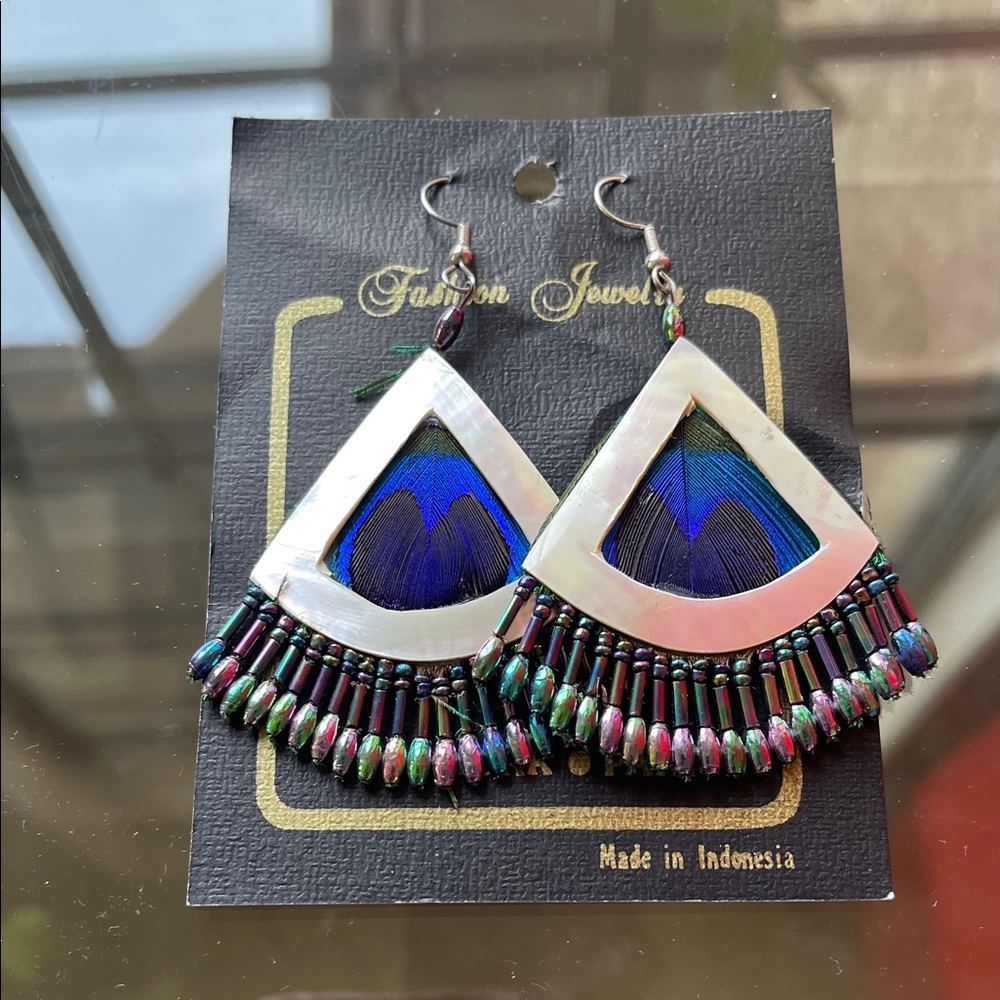 Iridescent Blue Teardrop Feather & Bead Fringe Earrings
